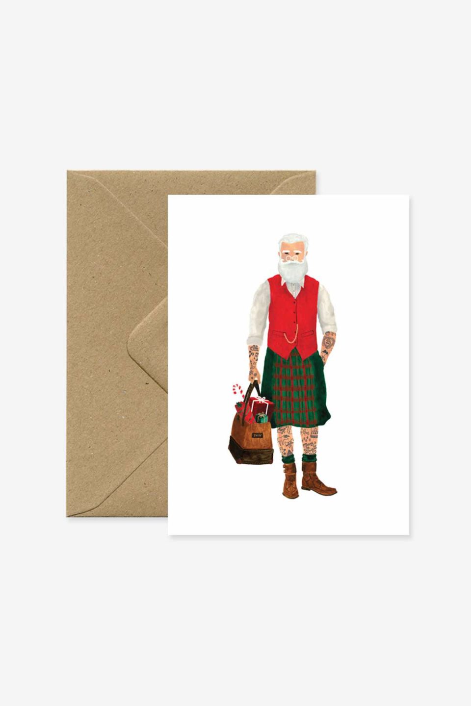 Čestitka s motivom djeda božićnjaka, ali u "fashion" izdanju sa kiltom, crvenom strukiranom vesticom, tetoviranim nogama i torbicom, iza se vidi smeđa kuverta