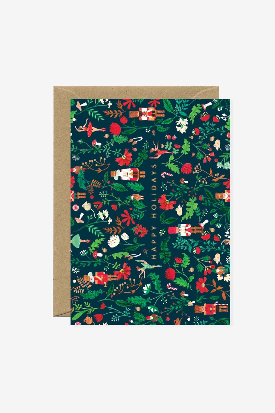 Božična čestitka s raznim božićnim motivima isprepletenim u dezen u zeleno-crvenim bojama s natpismo happy holidays, iz se vidi smeđa kuverta