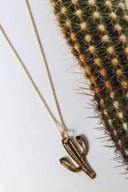 Pozlaćeni lančić s privjeskom u obliku kaktusa uz fotografiju kaktusa na podlozi