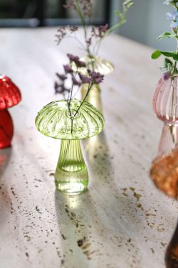 Naslici se vide male staklene vaze u obliku raznih gljiva u raznim bojama; u vaze su utaknuti razni cvjetići. U sredini je vaza zelene boje. Vaze stoje na stolu od kamena, u pozadini se vidi interijer
