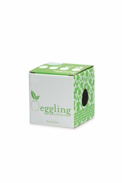 Na slici se vidi kartonska kutija kvadratičnog oblika sa zelenom grafikom za proizvod Eggling.