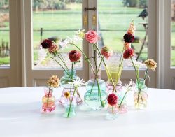 Na slici je prikazan interijer sa bijelim stolom ispred velikog prozora kroz koji se vidi vrt. Osam staklenih vaza u šarenim bojama stoje u sredini stola. Vaze su različite, različitih boja, oblika i veličina. U vazama se nalaze svježi cvjetovi u šarenim bojama.