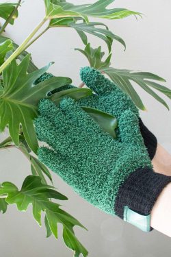 Na slici se vide ruke kako brišu listove biljke pomoću zelenih rukavica od frote materijala.