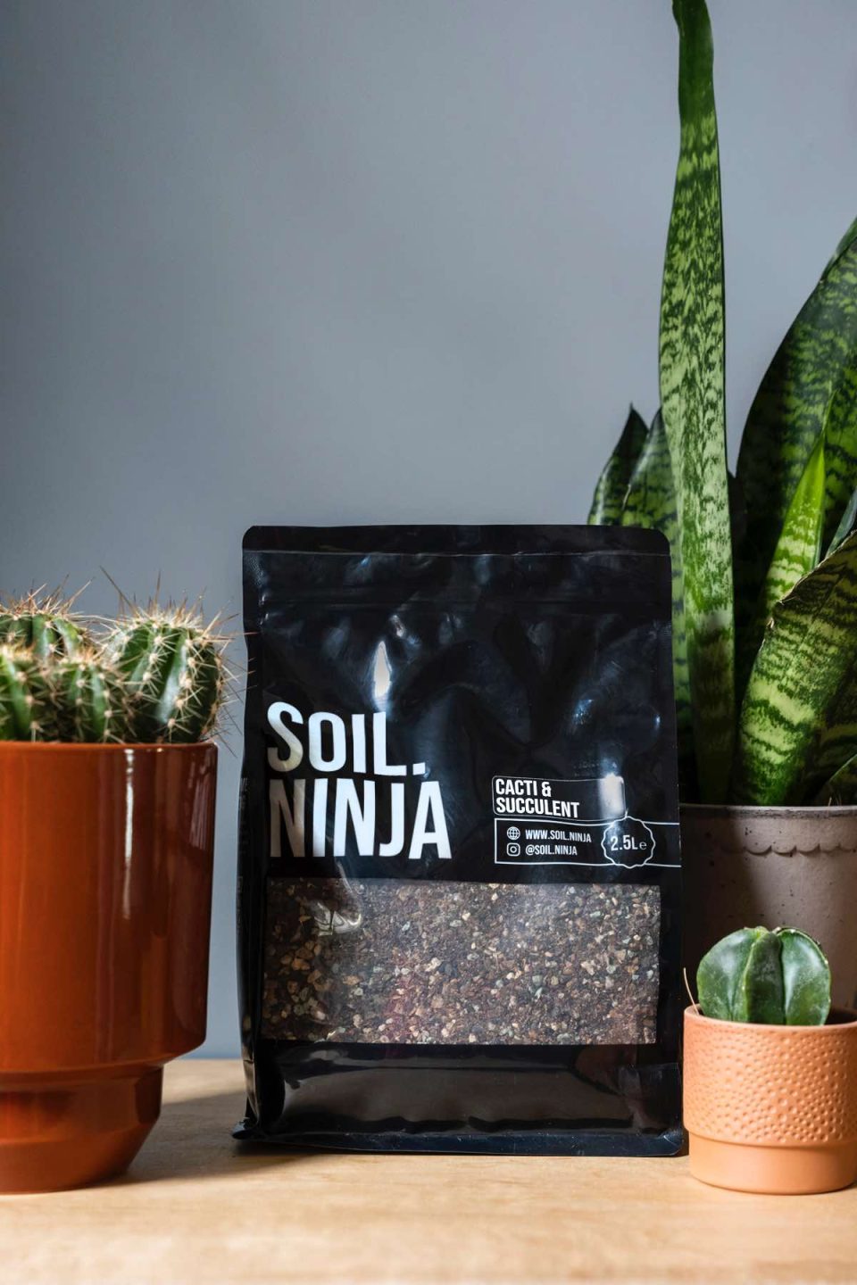 Na slici se vidi vreća supstrata od 2,5 kg proizvođača Soil.Ninja za kaktuse i sukulente. Uz vreću stoje kaktusi i sukulenti u teglicama.